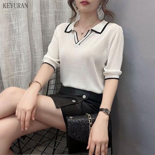 Thin Ice Silk Plus Size Knitted T-shirt Womens Summer Turn-down Collar Short-sleeved Knitting TShirt Korean Style Loose Tops
