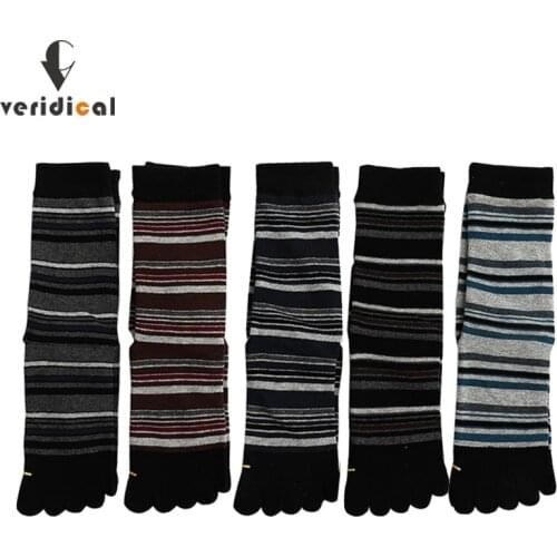 Veridical Large Size Combed Cotton Five Finger Socks Man Striped Business Soft Party Dress Long Socks With Toes Brand EU42-48