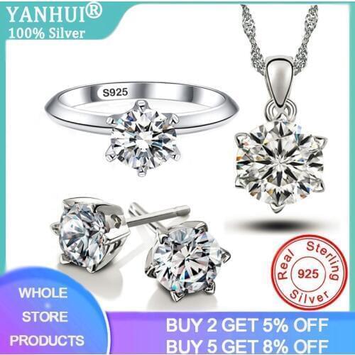 YANHUI 100% Original 925 Sterling Silver Jewelry Set Luxury 1 Carat Lab Diamond Rings Earrings Necklaces Set Wedding Accessories