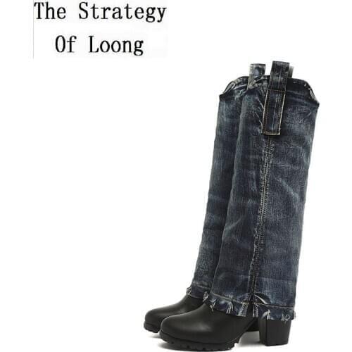 Spring Autumn New Retro Think Heels Denim Genuine Leather Women Long Stretch Boots Ladies Knee-High Cowboy Botas 20201102