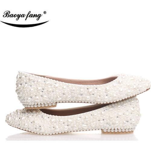 BaoYaFang Beige pearl Crystal womens wedding shoes Flat big size female shoes real leather insole woman shoes Bridal party shoes