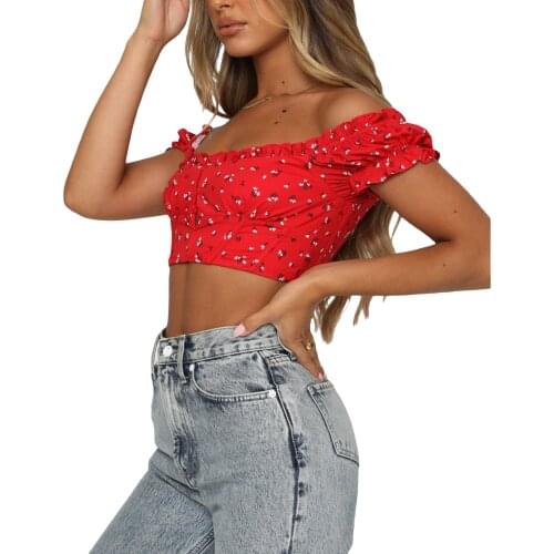 Womens Off Shoulder Crop Tops, Sexy Short Sleeve Central Single-Row Clasp Frill T-Shirt