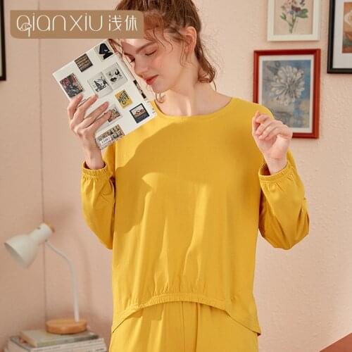 Women spring Pajamas Sets Cute Girls Sleepwear Womens Pijamas Suit Home Clothes pink yellow long sleeve O-neck Pyjama Femme