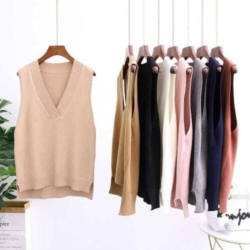 WWENN V Neck Knitted Vest Women Sweaters Pullovers Autumn Winter Sweater Fashion Basic Shirt Loose Female Clothing Vest Korean