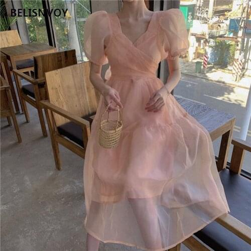 Temperament Sweet V Neck Back Bow Pink Puff Short Sleeve Mesh Dress V Neck Women Organza Slim Waist Swing Vestido De Mujer