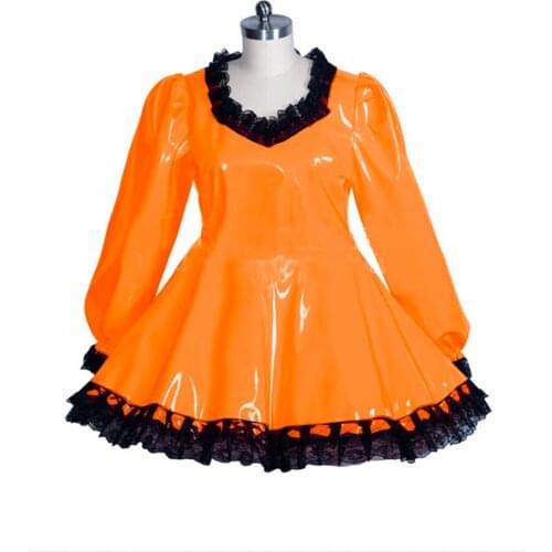 Sissy Women Lolita PVC Sexy Dress With Lockable Maid Role Playing A-line Dresses Long Sleeve Faux Leather Lace Trimming Costume