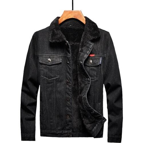 2021 Winter Warm Black Denim Jacket Fleece Thicken Windbreaker Fur Collar Cowboy Fashion Mens Cotton Jean Outerwear Coats M-5XL
