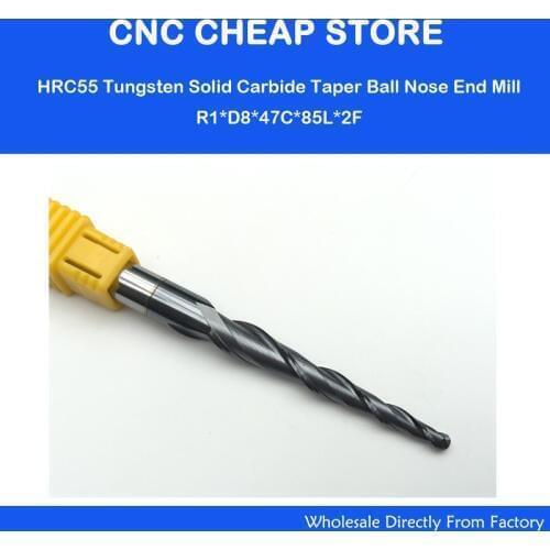 1PC HRC55 D8mm*R1.0*47*85L*2F,CNC NANO Coated solid carbide end mill,woodworking conical router bit,2 flutes taper ball nose
