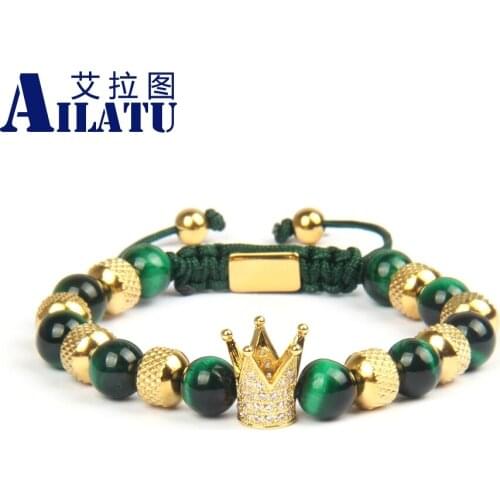 Ailatu 10 Pieces Crown Bracelet Reticulated Stainless Steel Beads Jewelry Rope Chain Natural Tiger Eye Stone Luxury Bangle
