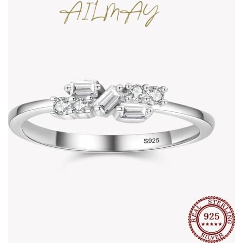Ailmay Real 925 Sterling Silver Fashionc Irregular Geometric Clear Zircon Rings For Women Wedding Engagement Fine Female Jewelry