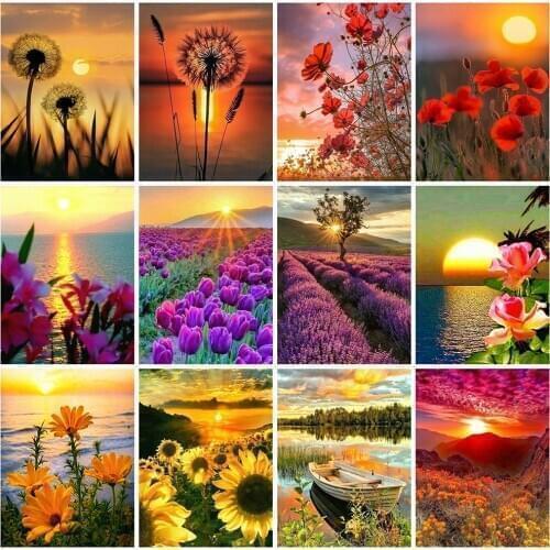 Huacan Diamond Embroidery Cross Stitch Flower Kits Diamond Painting 5d Sunset Mosaic Decor For Home