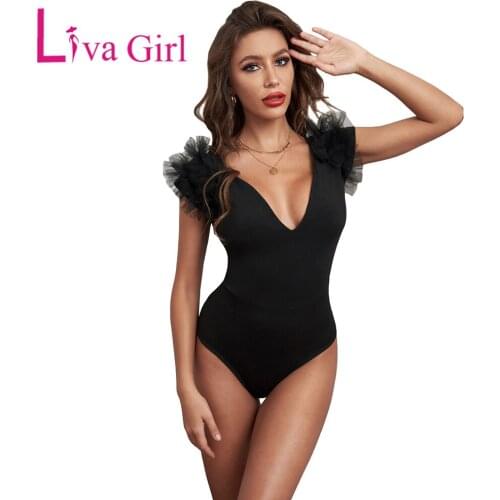 LIVA GIRL Sexy V Neck Mesh Patch Sleeve Bodysuit Woman Slim Solid Bodycon Jumpsuit 2021 Summer Female Elegant Button Body Tops