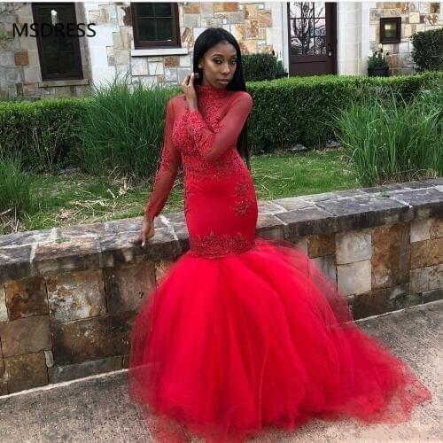 Black Girls African Red Mermaid Prom Dresses 2019 Long Sleeves Beads Appliques High Neck Tiered Floor Length Tulle Party Evening