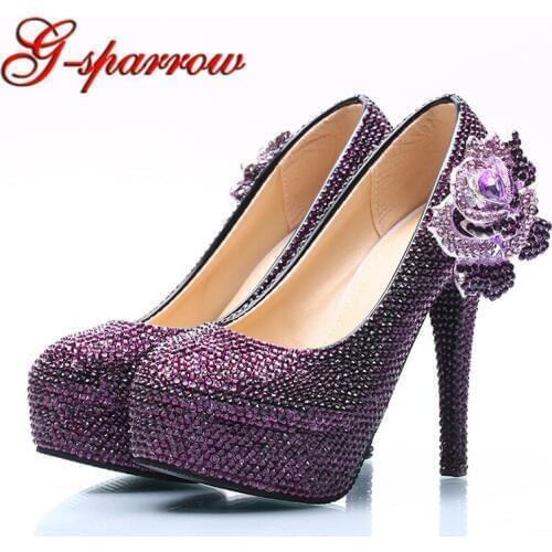 Purple Rhinestone Wedding High Heels Plus Size Crystal Flower Bridal Dress Shoes 3 Inches Thin Heel Cinderella Prom Shoes