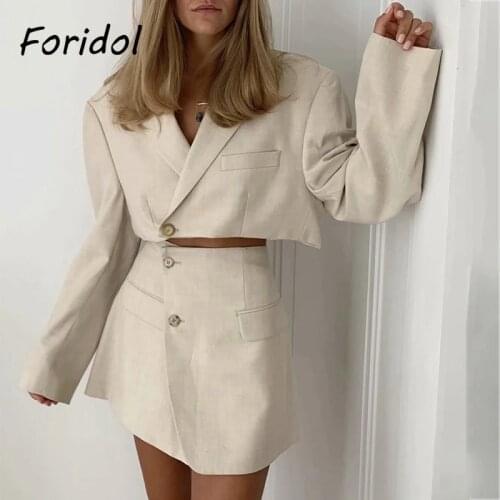 Foridol High Fashion Blazer Dress Sets Women Two Pieces Top Skirt Suits Ladies Chic A-line White Dress Sets Spring Autumn 2020