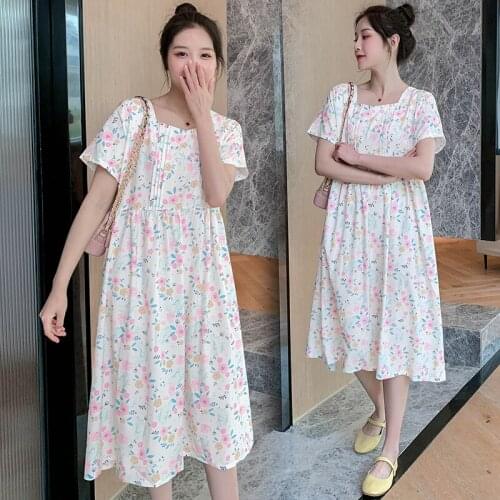450# Maternity Clothes Summer Cotton Short Sleeves Loose Midi Dress Floral Stylish Dress Pregnant Women Pregnancy Clothes