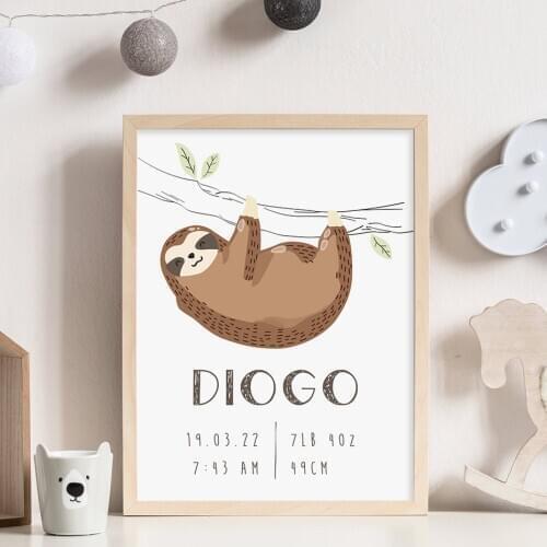 Cute Sloth Poster Personalised Baby Name and Date of Birth Nursery Prints Wall Art Canvas Painting Pictures for Kid Bedroom