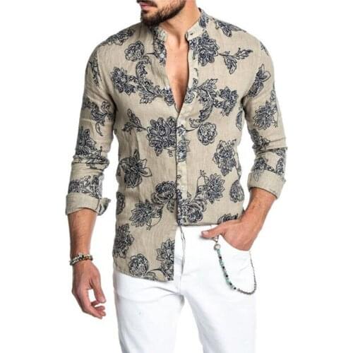 2021 Autumn Clothes Cotton Linen Shirt Men Long Sleeves Print Hawaiian Beach Casual Single-Breasted Stand Collar Shirt