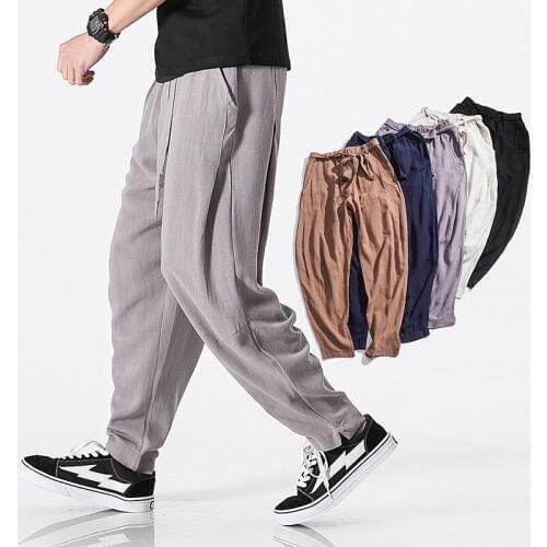 New Top quality Mens Summer Casual Pants Natural Cotton Linen Trousers White Linen Elastic Waist Straight Men Casual Pants