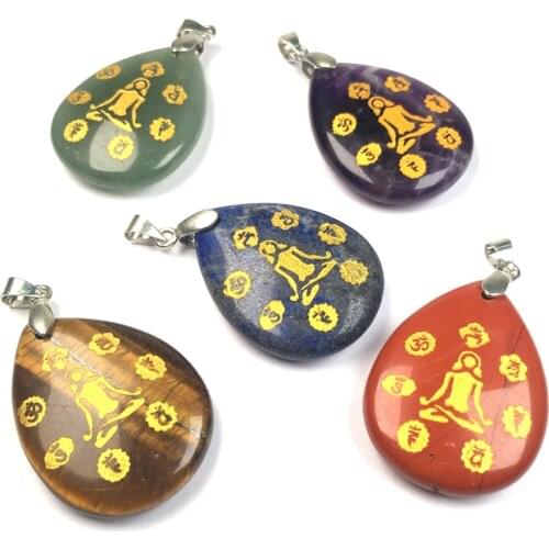 Natural Stones carved Chakra Pendants Reiki amulet Stone Water drop shape Pendant for Jewelry Making DIY Necklaces Accessories