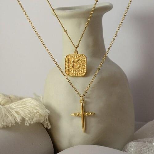 Titanium With 18K Gold Square Charms Cross Pendant Necklace Runway T Show Party Designer Gown Top Ins Japan Korean Trendy