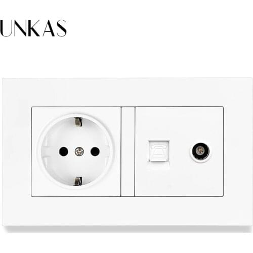 UNKAS PC Plastic Panel 16A EU Standard Socket + RJ11 Telephone Connector Jack And TV Television Port 146MM*86MM 2 Gang Outlet