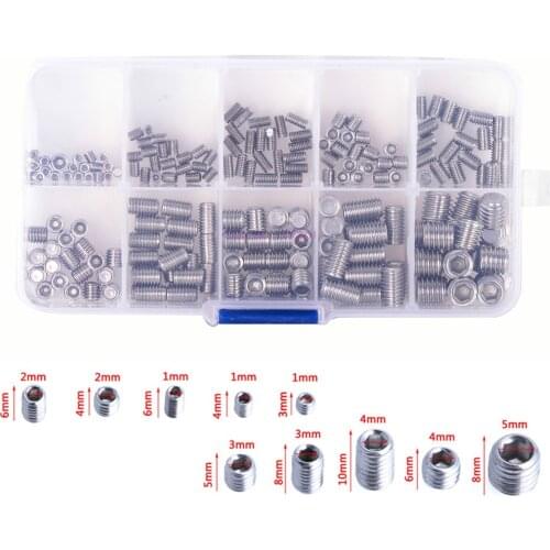 20Set 200Pcs/set Stainless Steel Screws Set Allen Head Socket Hex Set Grub Screw Assortment Flat Point Screws Headless