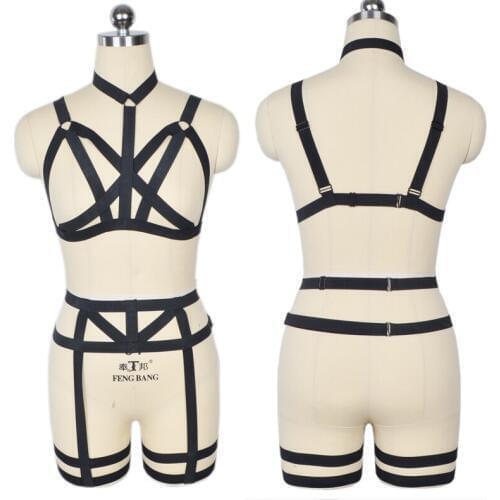 90s cupless full body harness cage bra pastel goth leg garter sexy bondage harness belt harajuku black lingerie set N0073