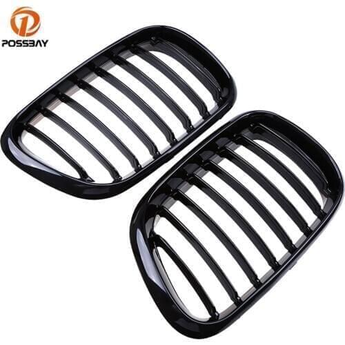 POSSBAY Front Center Bumper Grille Bright Black Racing Grilles Auto Replacement Parts Fit for BMW X5 E53 2000-2003 Pre-facelift