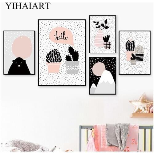 Lovely Black White Plants Child Poster Animal Wall Art Canvas Bear Print Painting Nordic Kids Baby Bedroom Decoration Picture