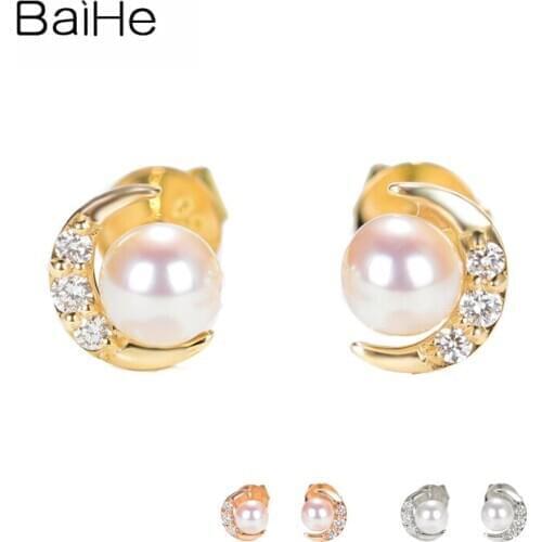 BAIHE Solid 14K Yellow/Rose/White Gold Freshwater Pearls Earrings Wedding Fine Jewelry Moon Earrings Women серьги сережки