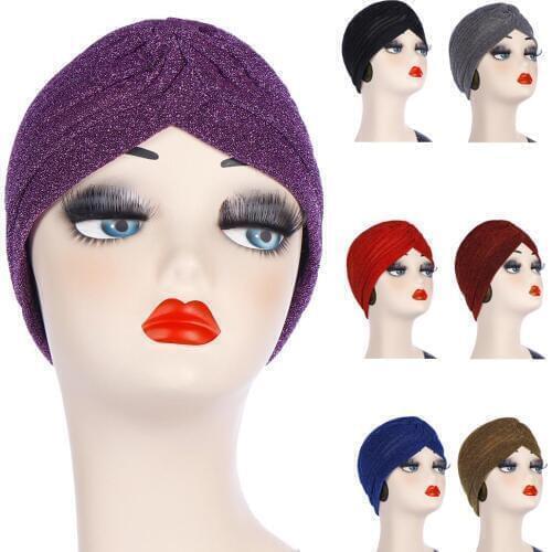 Turban Cap Plain Shiny Shimmer Glitter Sparkly Indian Hats Muslim Hijab Women Chemo Caps Headscarf Hair Loss Cover Bonnet Beanie