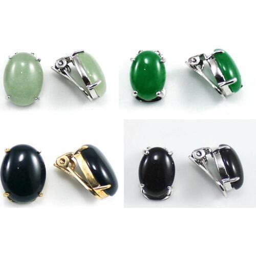 Light Green Jade Black Agate Oval Beads Clip-On Earrings
