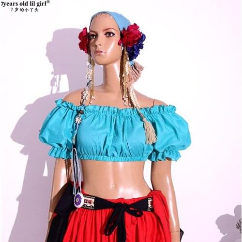 ATS BELLY DANCE Renaissance Crop Top Pirate Wench Gypsy Fairy Costume Peasant Tribal Choli CEE04