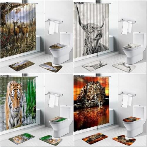 Wild Animal Print Shower Curtains Carpet Tiger Leopard Highland Cows Elk Deer 3D Bathroom Decor Set Non-slip Bath Mat Toilet Rug