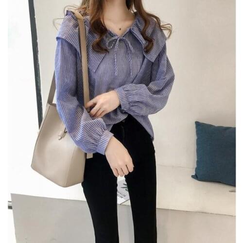 Blouse Women Shirt Spring and Autumn Womens Doll Collar Striped Womens Loose Top Long Sleeve Shirt Blusas Mujer De Moda