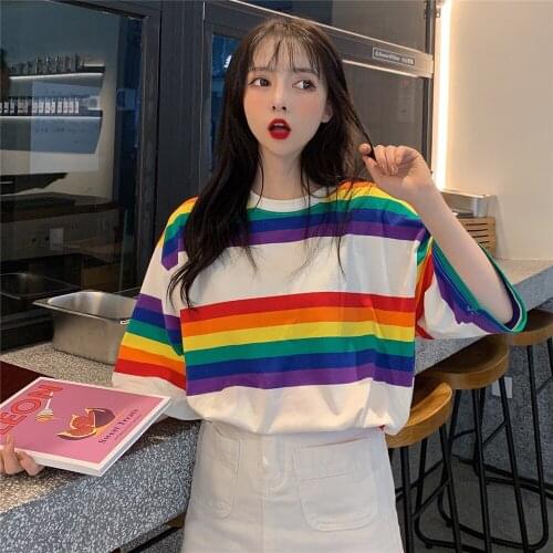 New college style spring and summer rainbow stripe print mid-length and short-sleeved T-shirt women