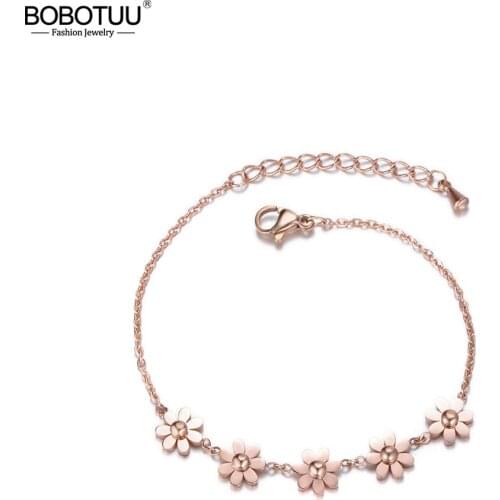BOBOTUU Classic Titanium Steel Daisy Charm Bracelets & Bangle For Women Rose Gold Color Chain & Link Bracelet Jewelry BB17066