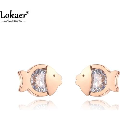 Lokaer Fashion Titanium Stainless Steel Small Fish Earrings Rose Gold CZ Crystal Animals Earrings Jewelry For Women Girl E19159