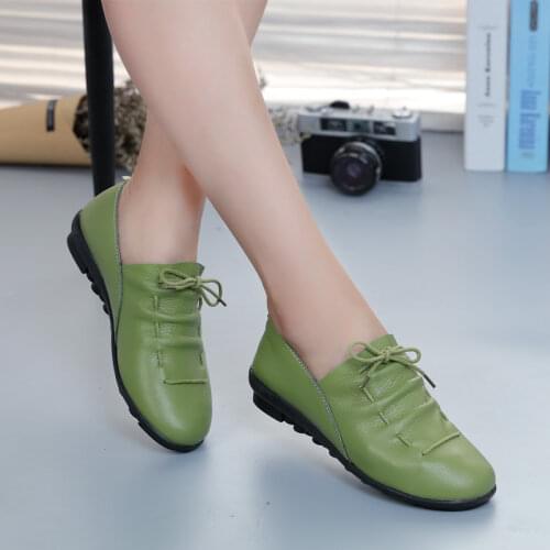 2019 Autumn New Women Shoes Lace-up Pleated Genuine Leather Flats Shoes Woman Rubber Party Female Shoes Mother Shoes