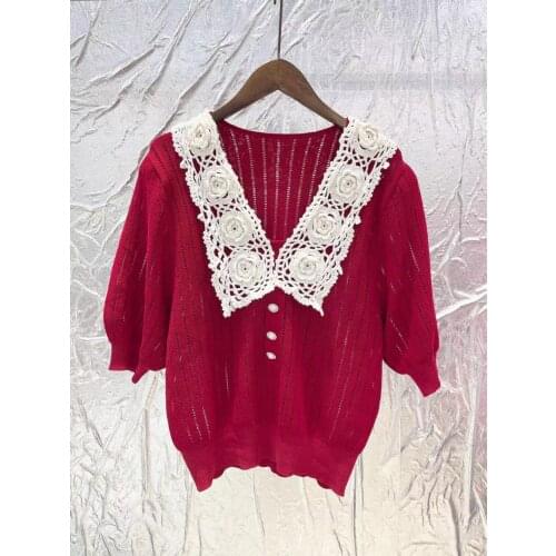 2021 Autumn Winter Elegant Classic Knitted Pullover Sweater for Woman V-Neck Luxury Designer Street Wear Red Blouse