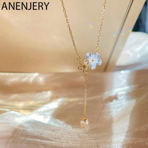 ANENJERY 925 Sterling Silver Zircon Flower Pearl Tassel Necklace For Women Simple Light Luxury Clavicle Chain Korean Jewelry
