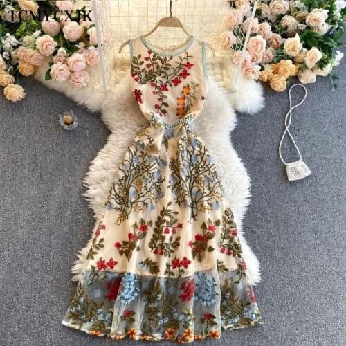 2021 Summer Women New Fashion Court A-line Party Dress Round Neck Sleeveless Slim Mesh Embroidered Elegant Dress Clothes Vestido
