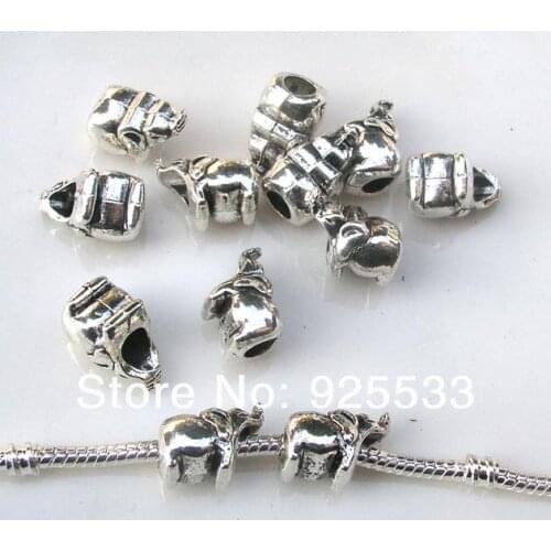 Free shipping 50pcs/lot 15x8mm big hole antique silver plated metal elephant beads fit European bracelet jewelry DIY