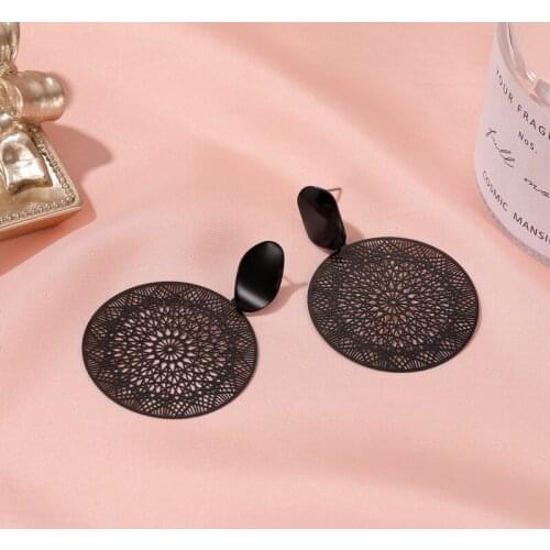 Black Color Round Pattern Ethnic Drop Earrings for Women Geometric Long Hanging Light Weight Earring Summer Style Jewelry Gifts