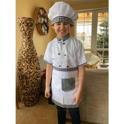 Halloween Kids Chef Jackets Cook Hat Kitchen Roleplay Uniform Children Waiter Waitress Restaurant Tops Apron Cosplay Costume Set