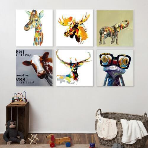 HAOCHU Nordic Decoration Colorful Rainbow Zoo animals Giraffe Cow elephant Deer Canvas Painting Wall Pictures Poster Home Decor