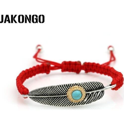 JAKONGO Crystal Feather Charm Bracelet Braided Red Rope Bracelet for Women Men Adjustable Handmade Bracelet
