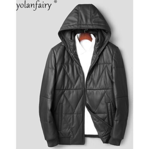 Genuine Leather Jacket Men Winter White Duck Down Jacket Hooded Natural Sheepskin Coat Men Korean Chaqueta Cuero Hombre A1822 KJ