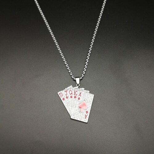 Hip Hop Trendy Poker Necklace Mens Titanium Steel Straight Flush Pendant Long Sweater Chain
